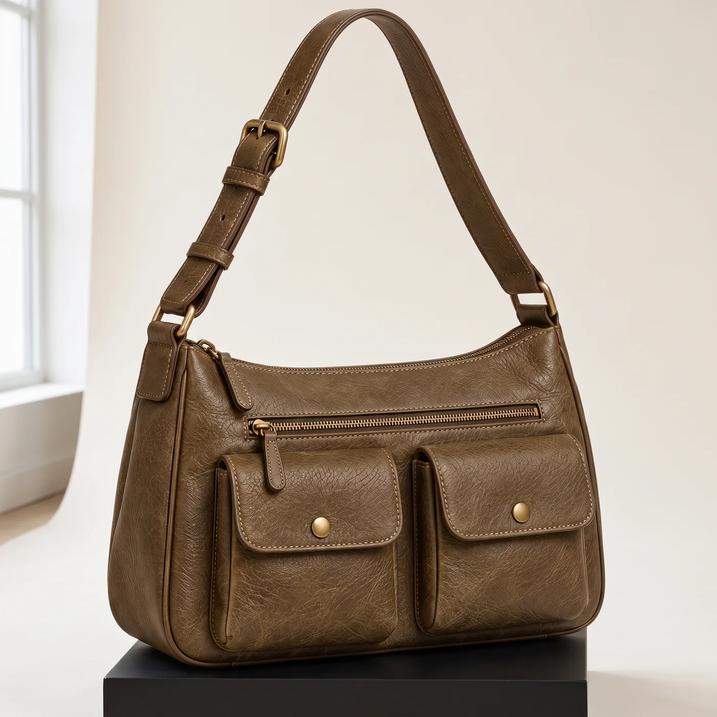 Olive Brown Multi-Pocket Utility Shoulder Bag