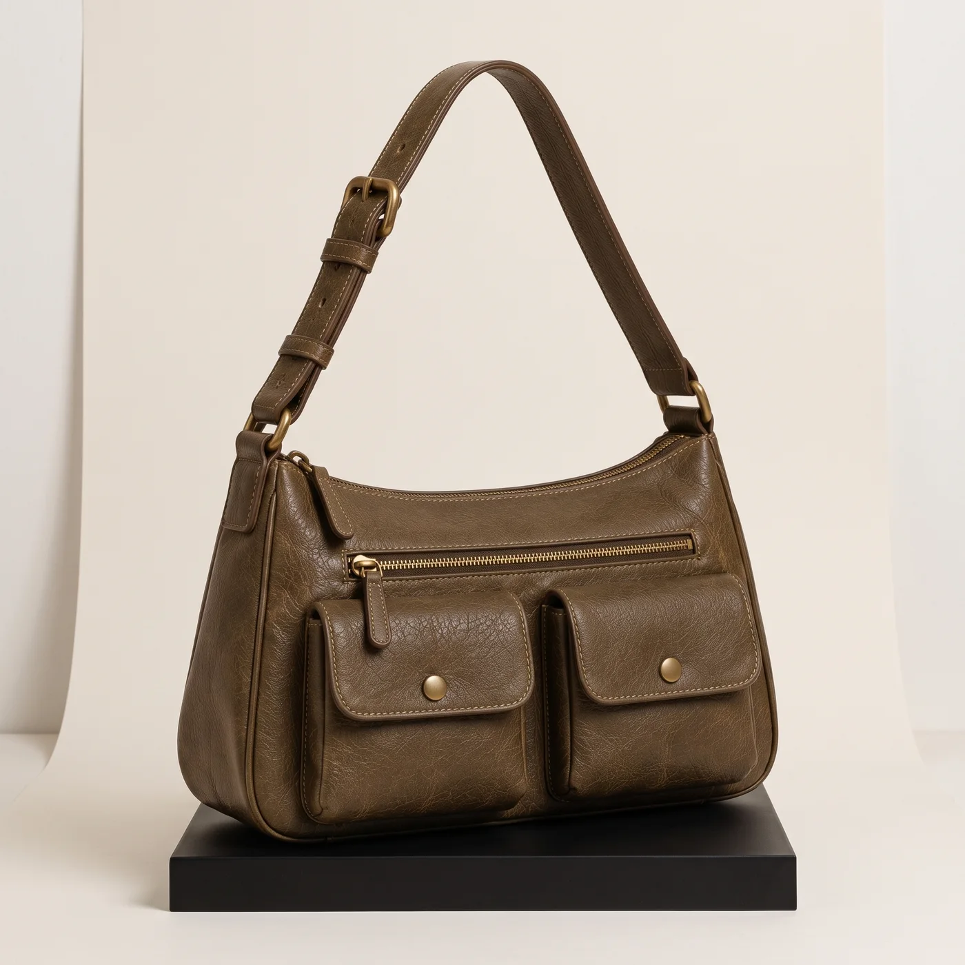 Olive Brown Multi-Pocket Utility Shoulder Bag, view