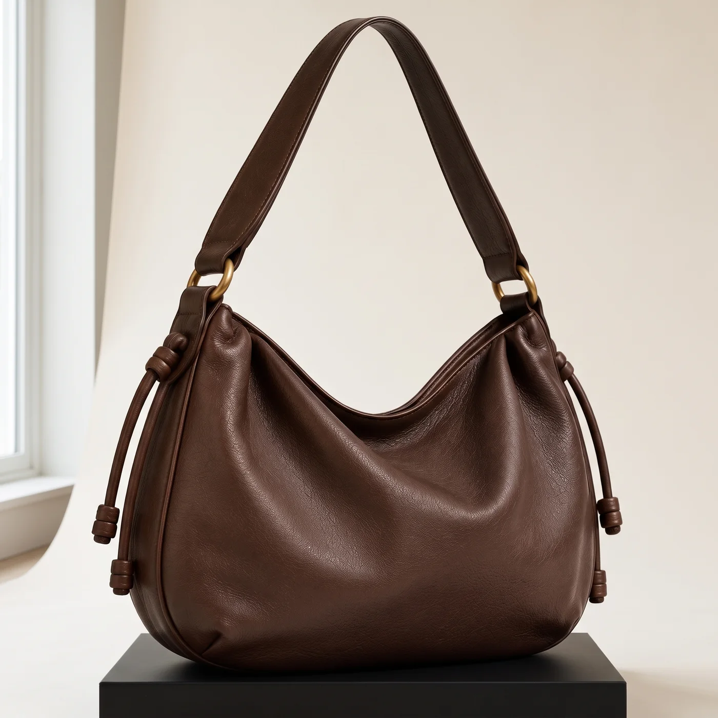 Dark Chocolate Drawstring Hobo Shoulder Bag, view