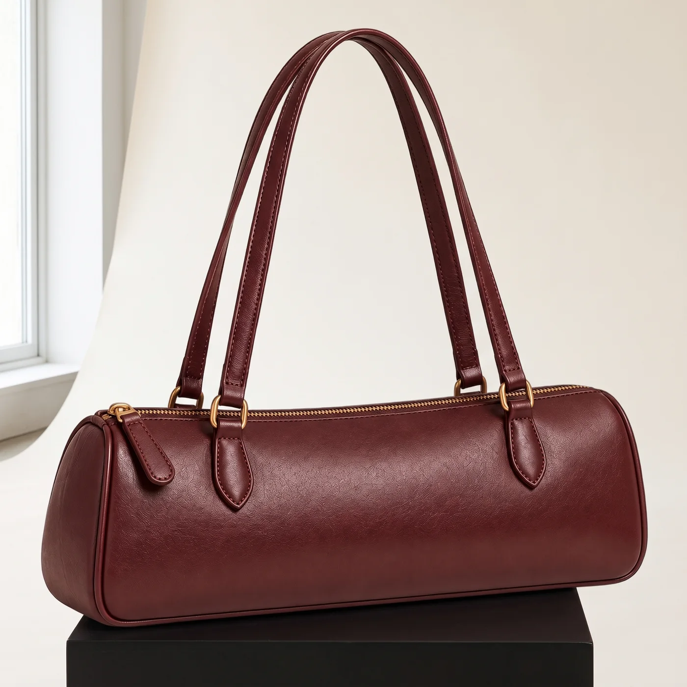 Burgundy East-West Barrel Shoulder Bag, view