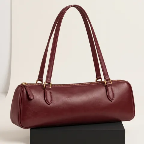 Burgundy East-West Barrel Shoulder Bag