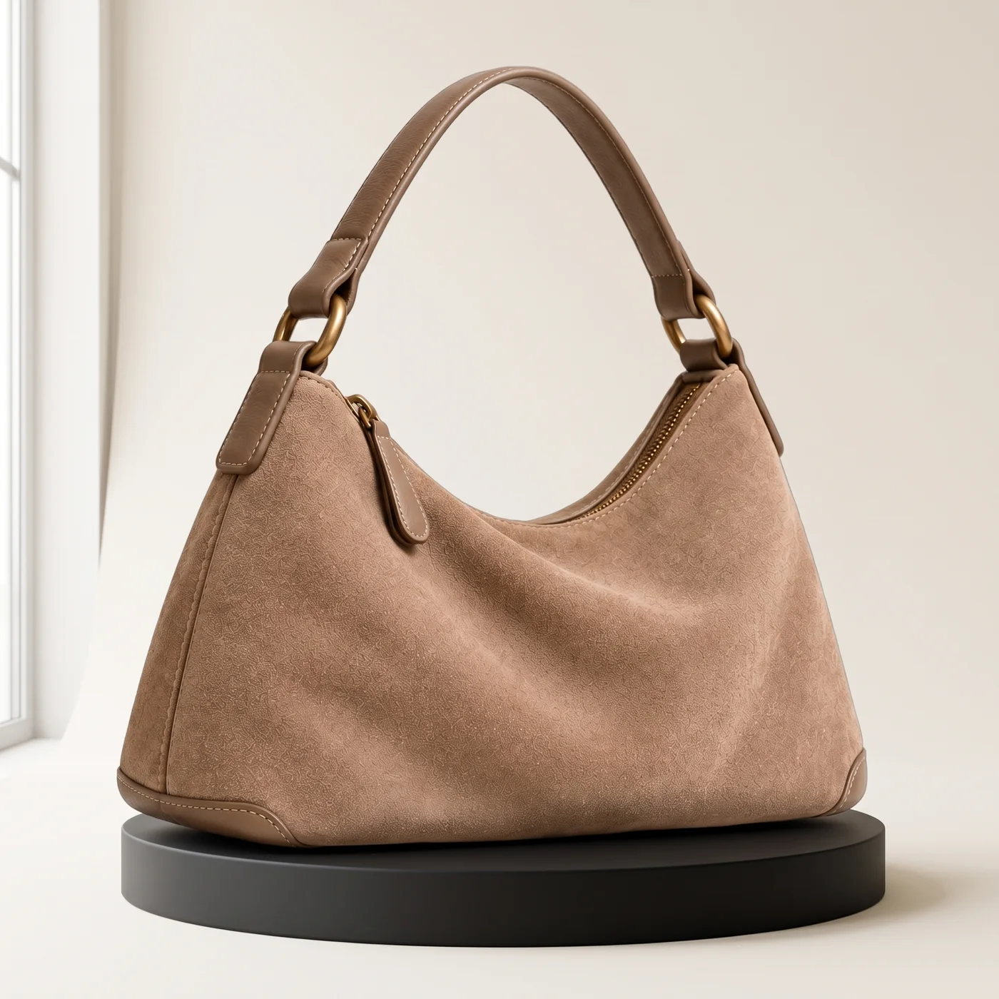 Taupe Suede Hobo Shoulder Bag, view