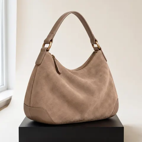 Taupe Suede Hobo Shoulder Bag