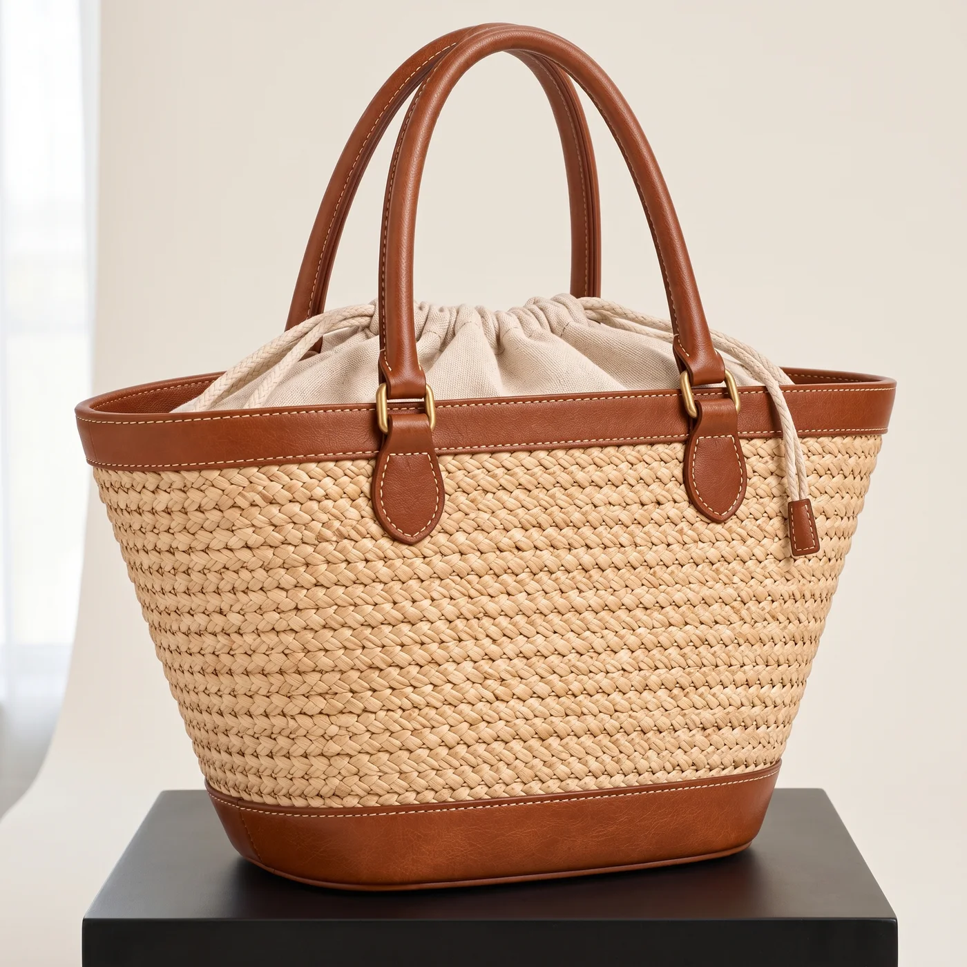 Natural Raffia Leather-Trim Basket Tote