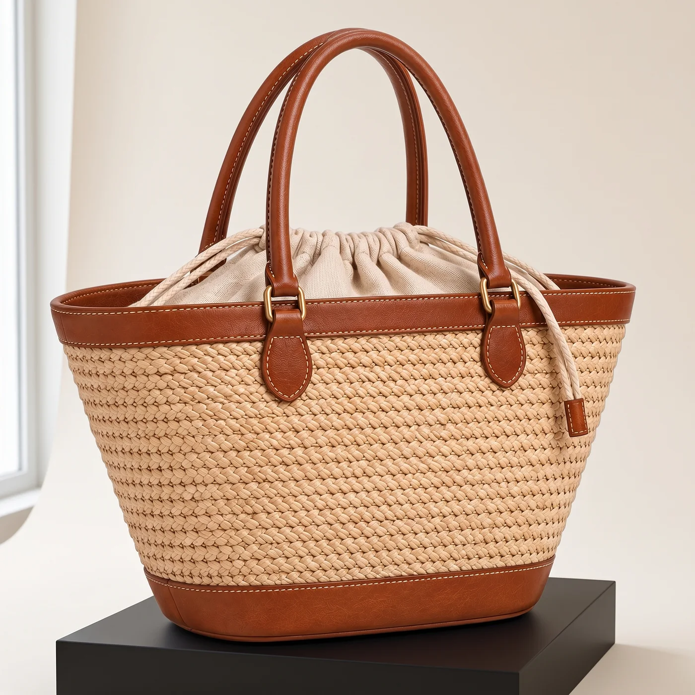Natural Raffia Leather-Trim Basket Tote, view