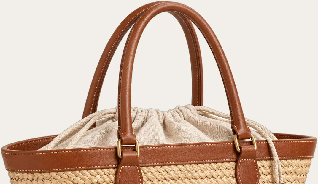 Natural Raffia Leather-Trim Basket Tote, view 2