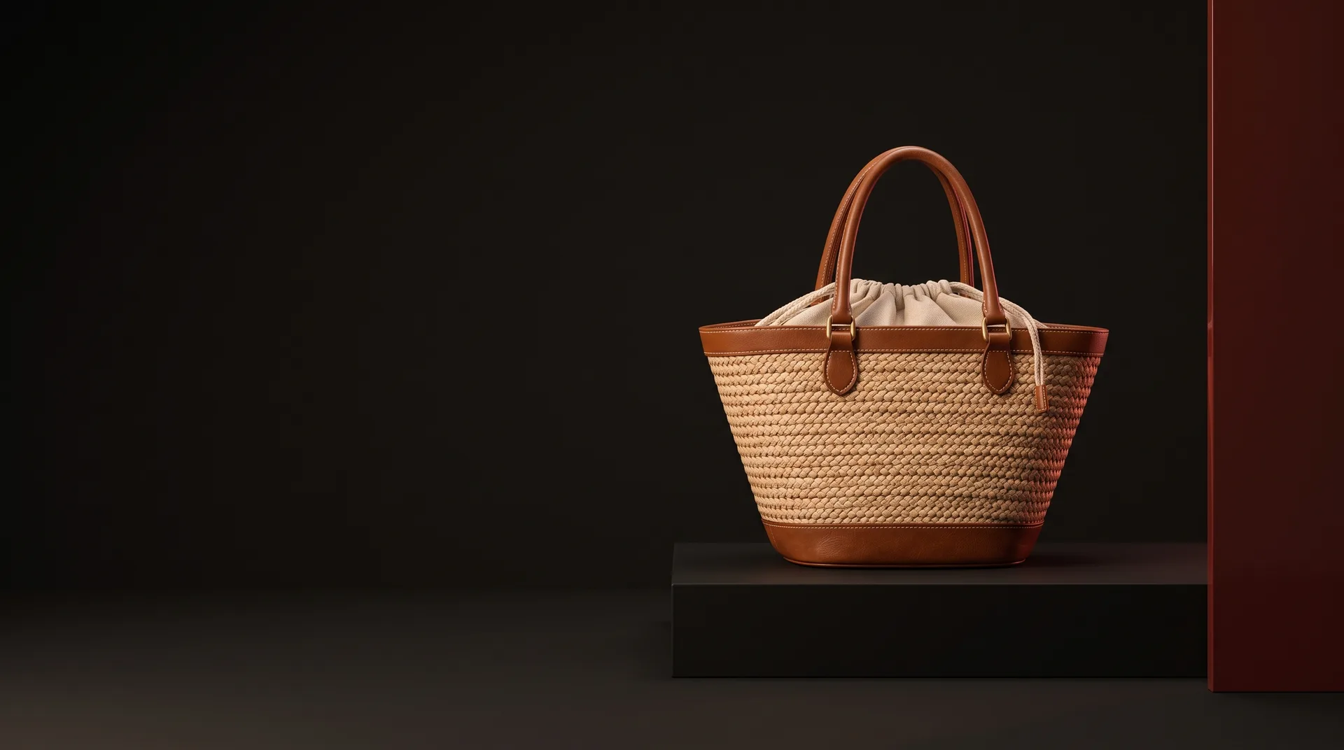 Natural Raffia Leather-Trim Basket Tote, view 1