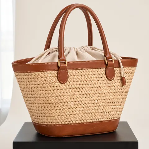 Natural Raffia Leather-Trim Basket Tote
