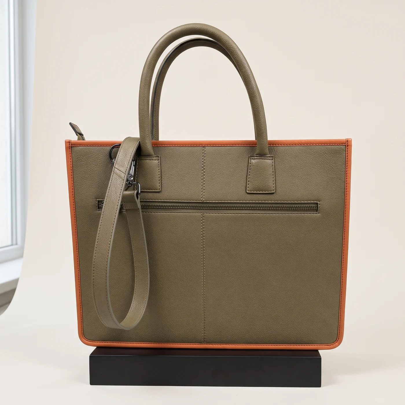 Olive Canvas Orange-Trim Structured Tote