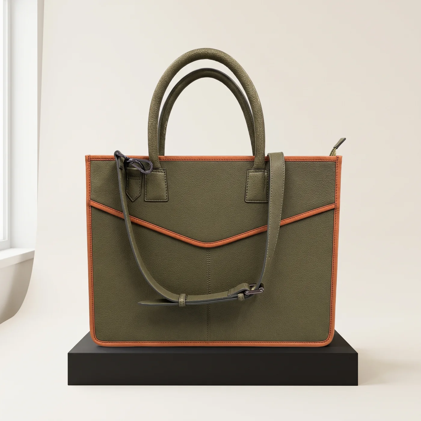 Olive Canvas Orange-Trim Structured Tote, view