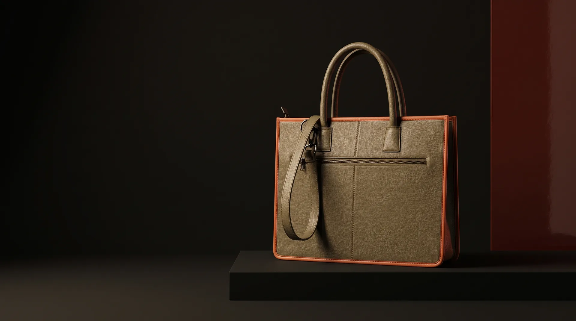 Olive Canvas Orange-Trim Structured Tote, view 1