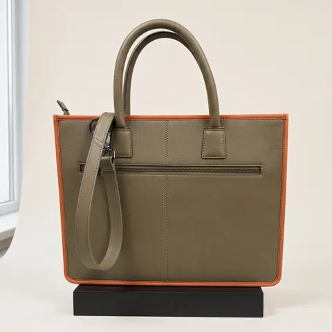 Olive Canvas Orange-Trim Structured Tote