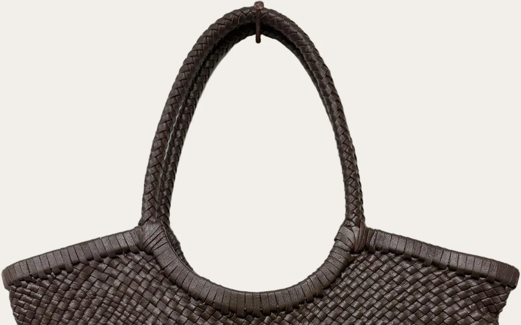Dark Brown Woven Leather Basket Tote, view