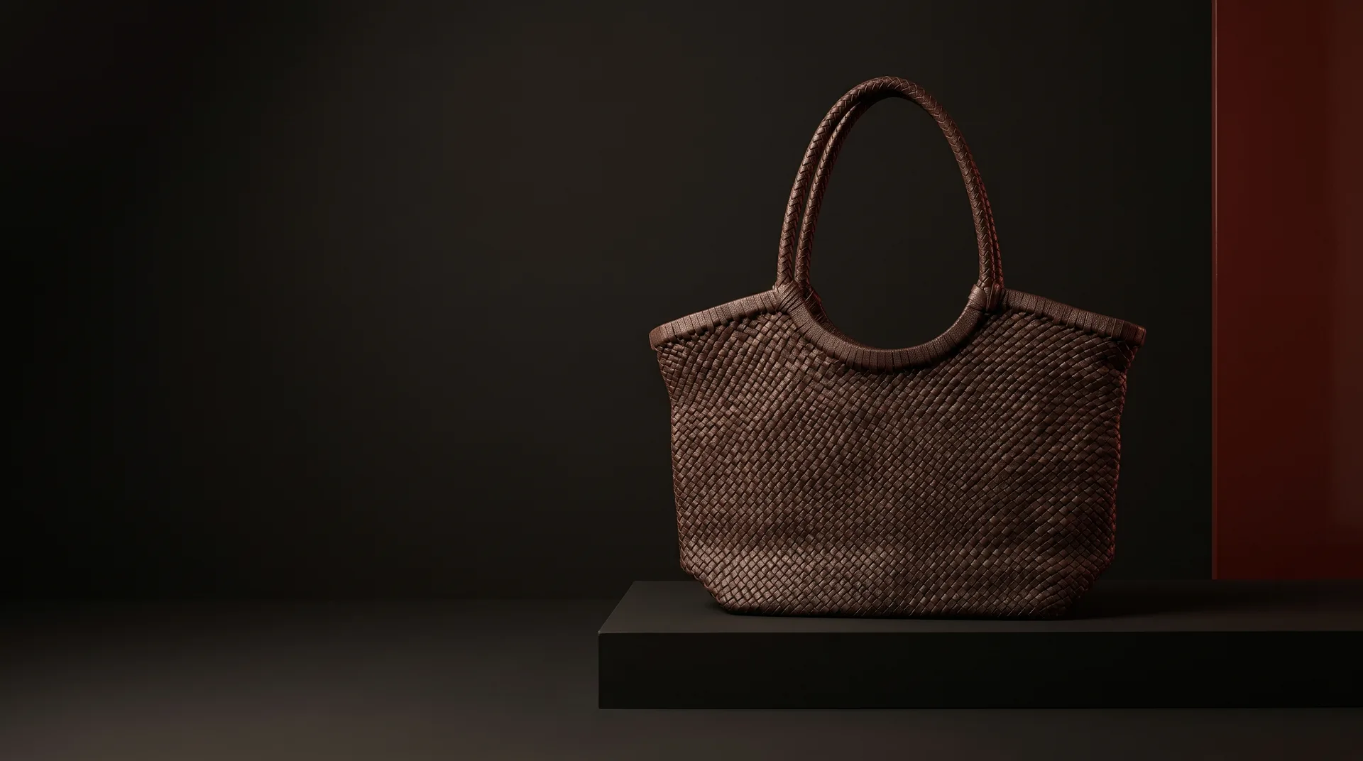 Dark Brown Woven Leather Basket Tote, view