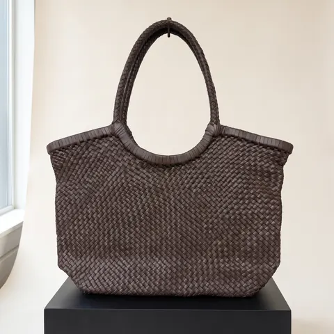 Dark Brown Woven Leather Basket Tote