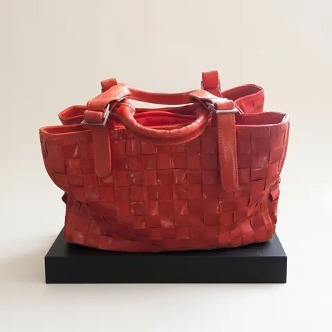 Red Woven Leather Basket Tote