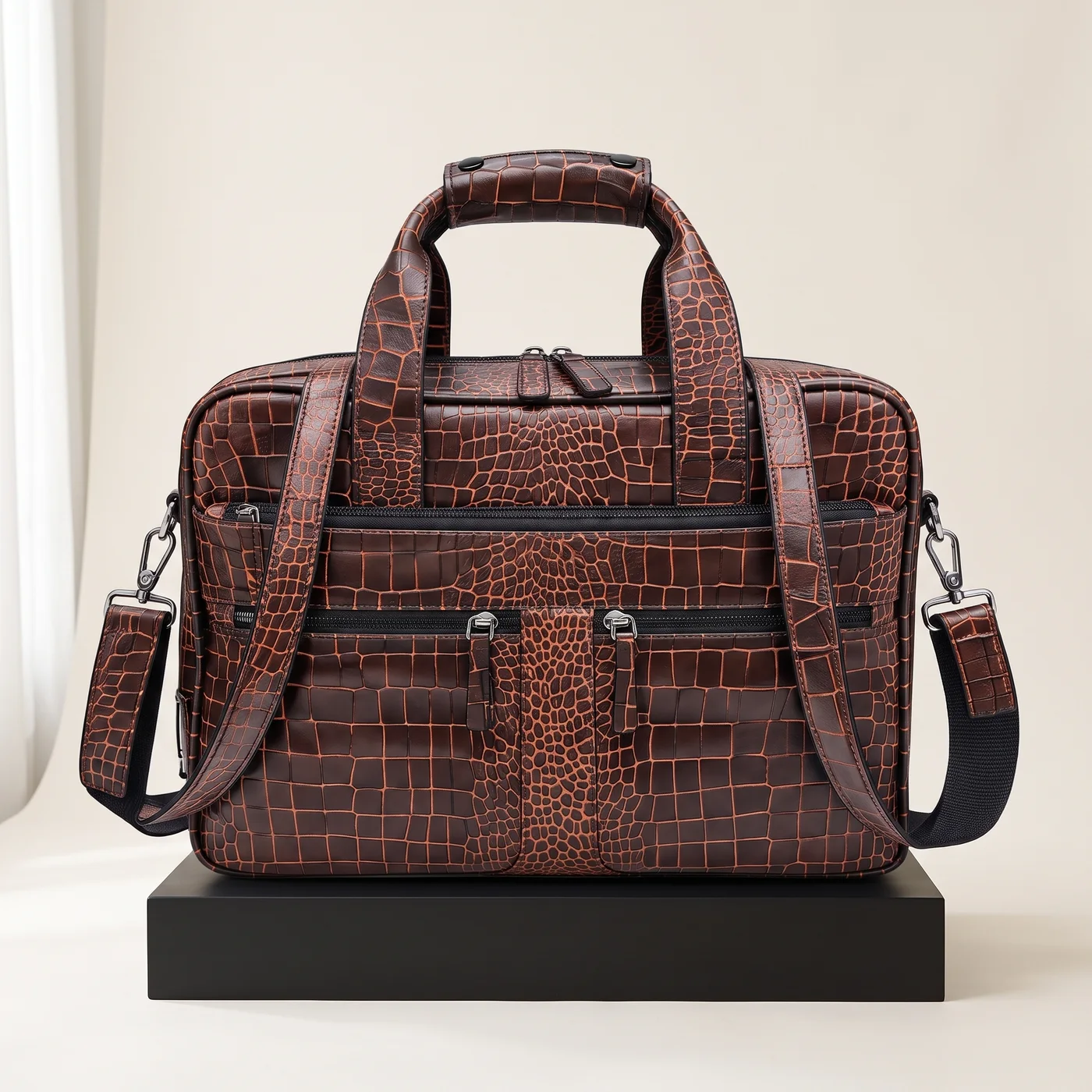 Brown Croc-Embossed Laptop Briefcase