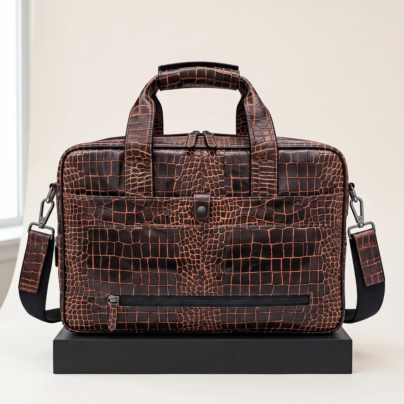 Brown Croc-Embossed Laptop Briefcase, view