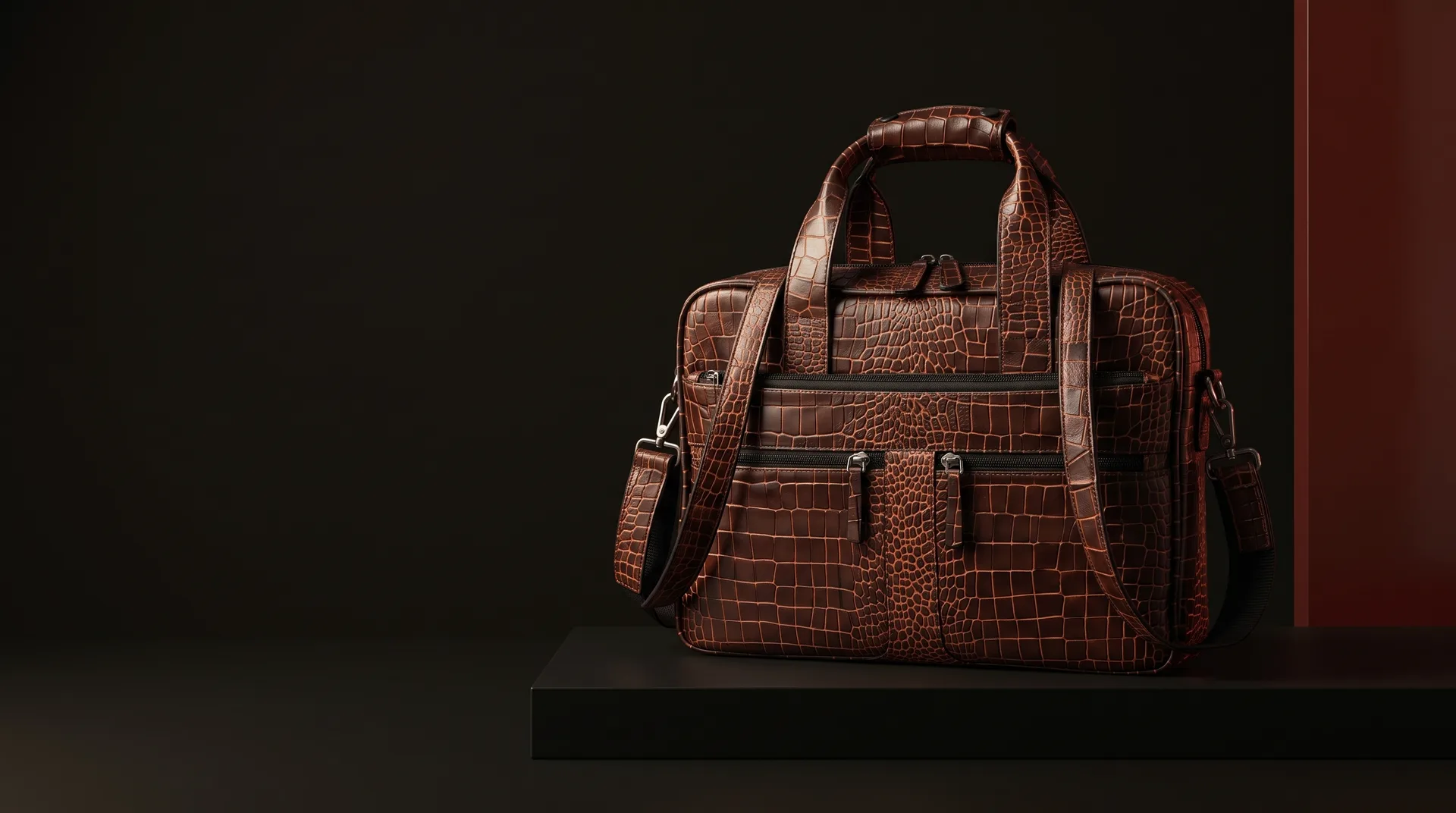 Brown Croc-Embossed Laptop Briefcase, view 1