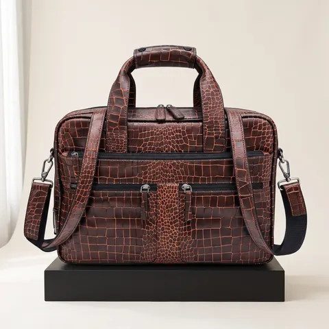 Brown Croc-Embossed Laptop Briefcase