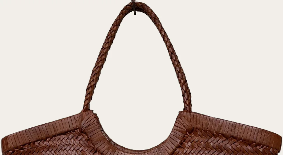 Cognac Woven Leather Basket Tote, view