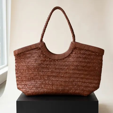 Cognac Woven Leather Basket Tote