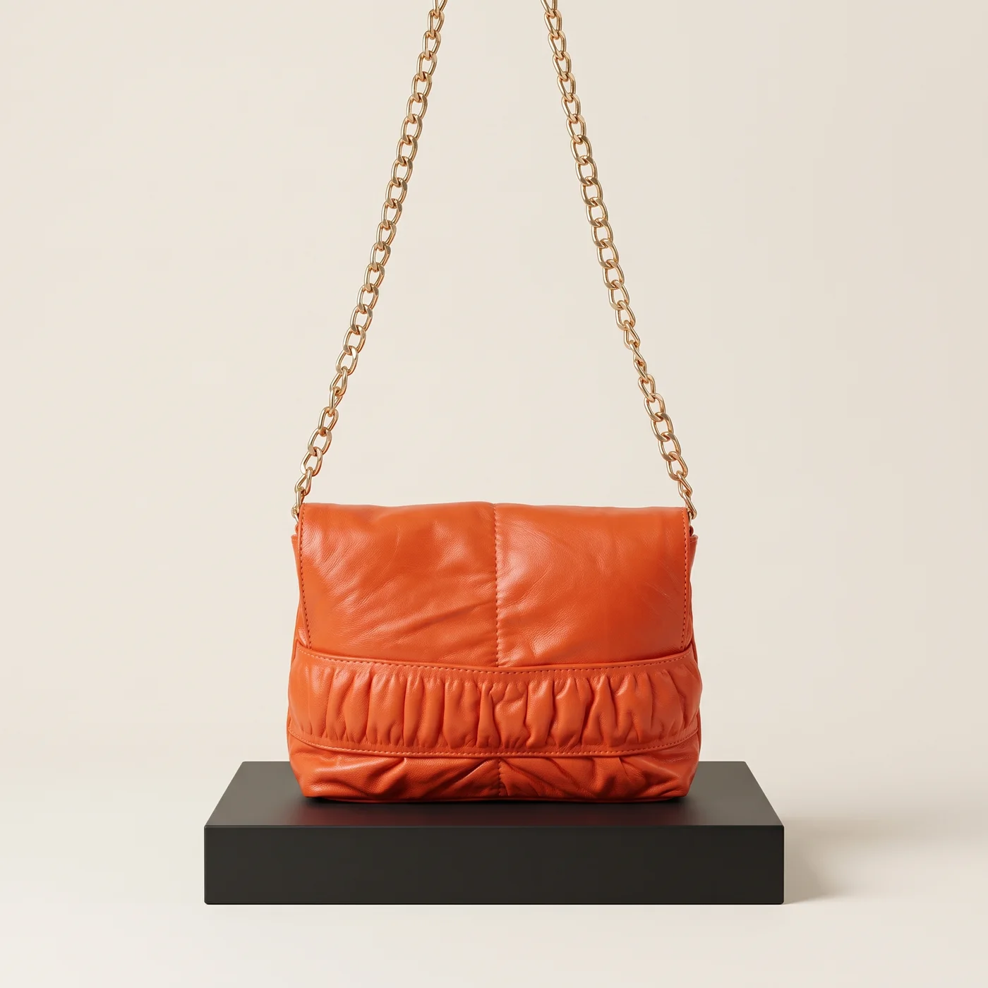 Orange Ruched Chain-Strap Crossbody