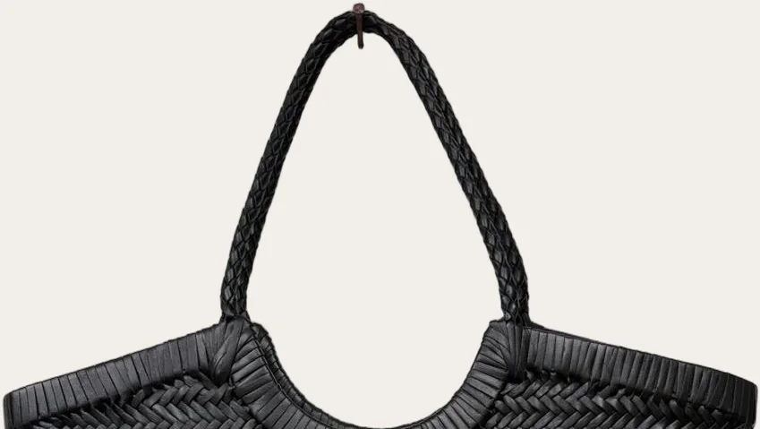 Black Woven Leather Basket Tote, view