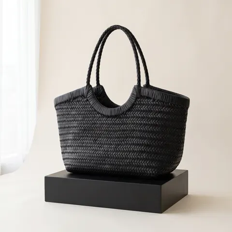 Black Woven Leather Basket Tote