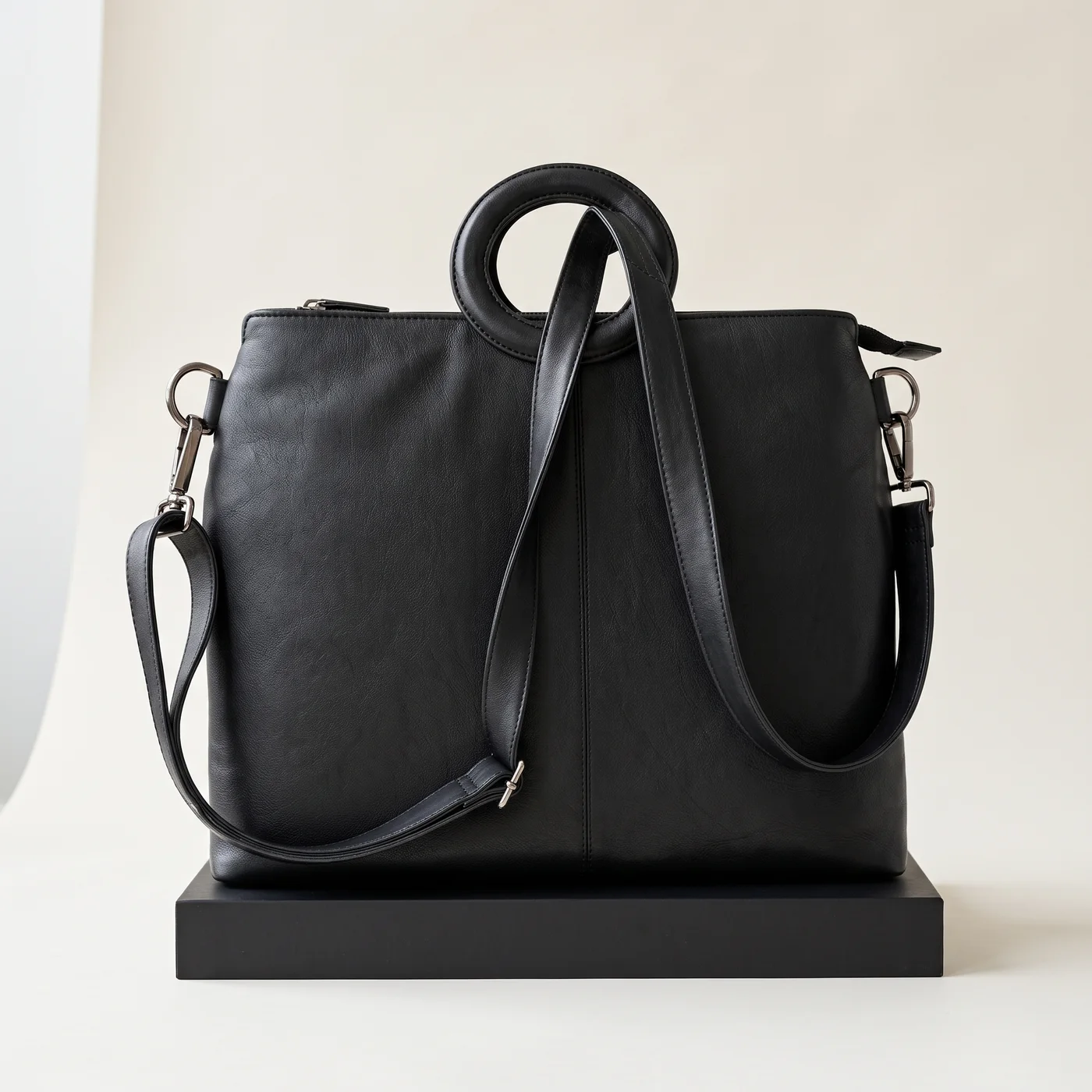 Black Leather Two-Handle Shopper Tote