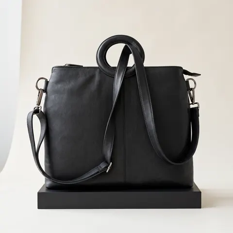 Black Leather Two-Handle Shopper Tote