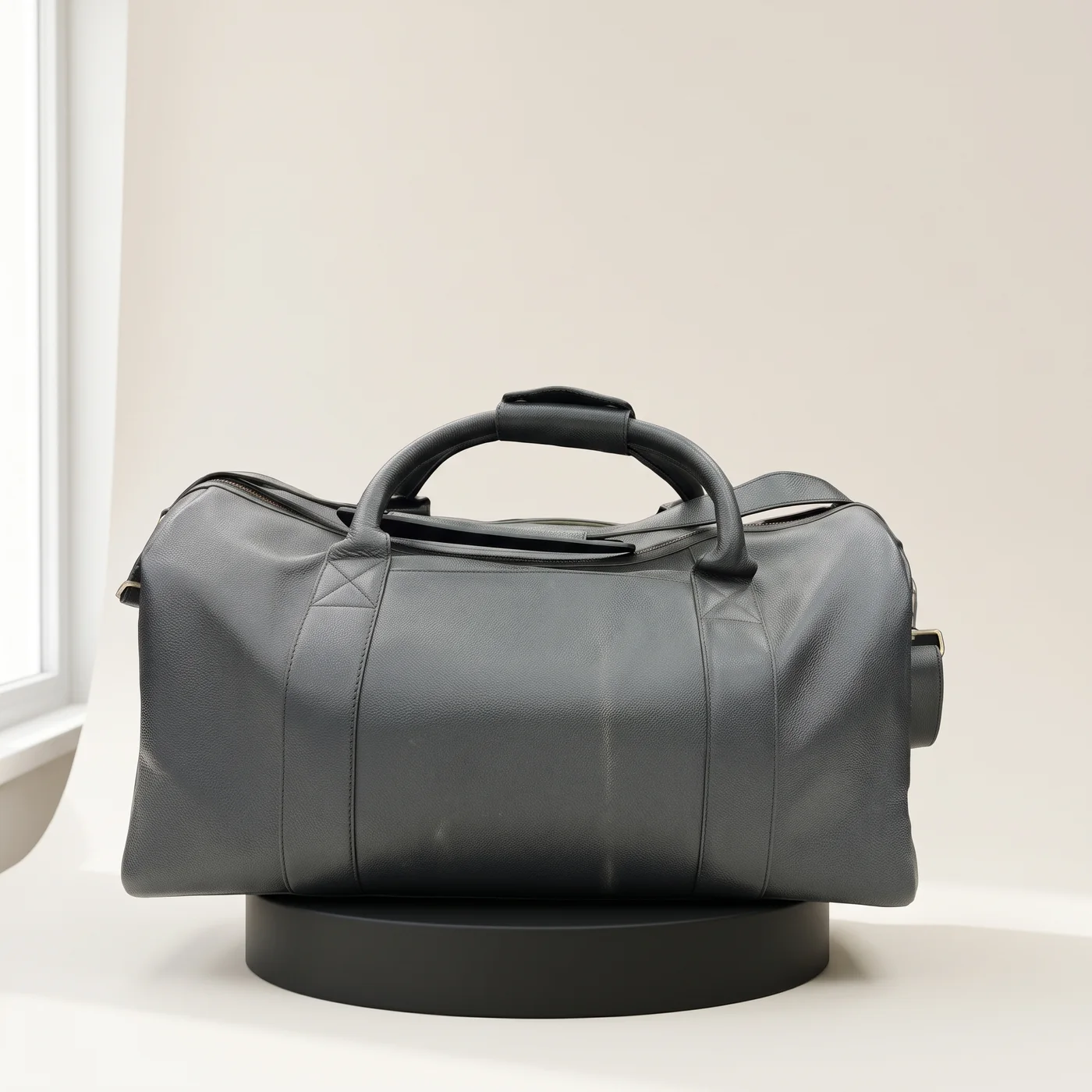 Grey Leather Weekender Duffle