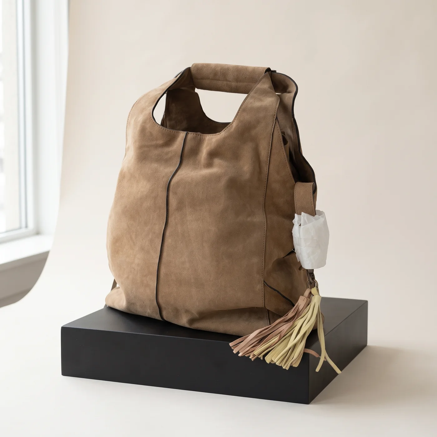 Taupe Suede Tassel Hobo Backpack, view