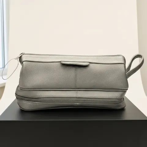 Grey Leather Toiletry Dopp Kit