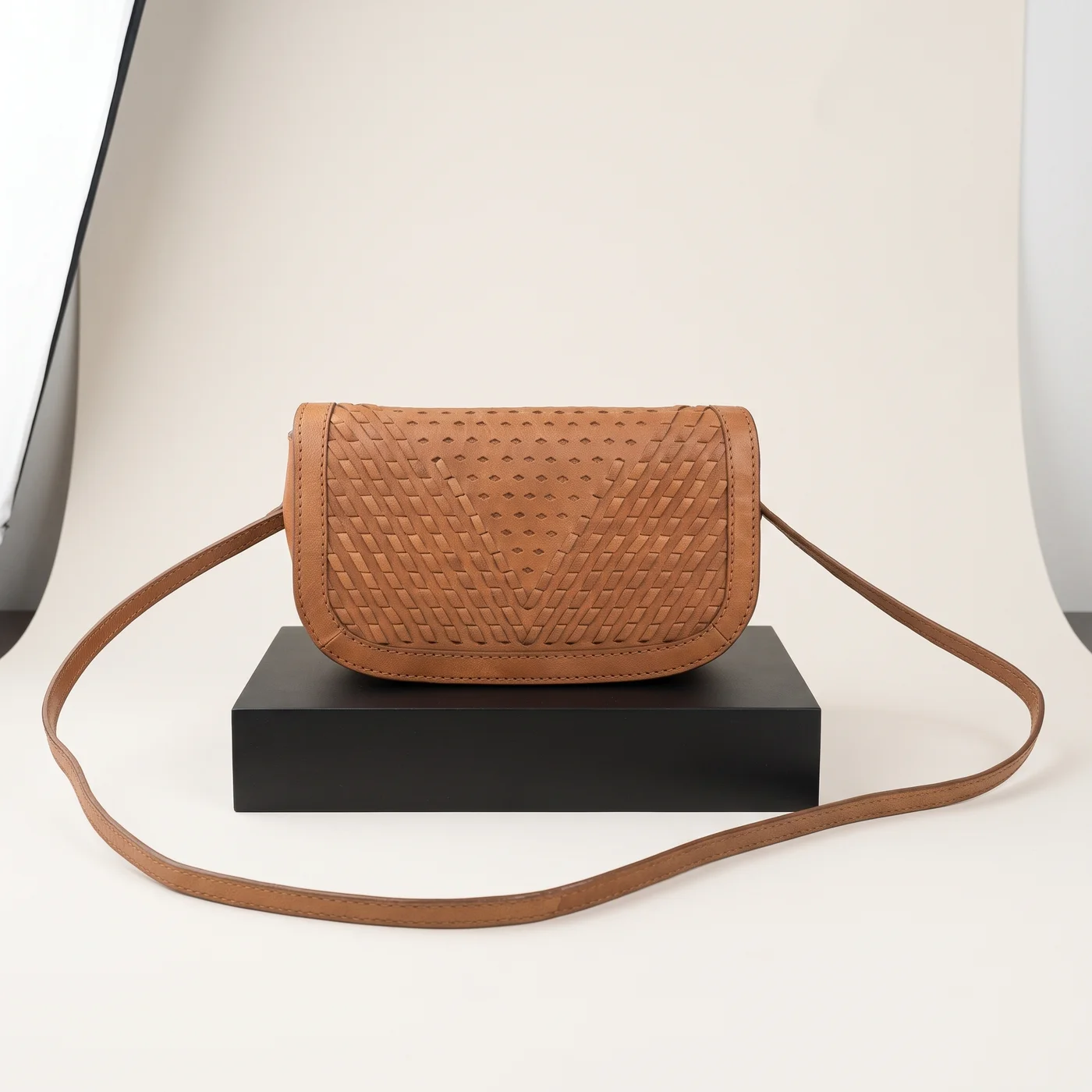 Tan Woven Leather Saddle Crossbody, view