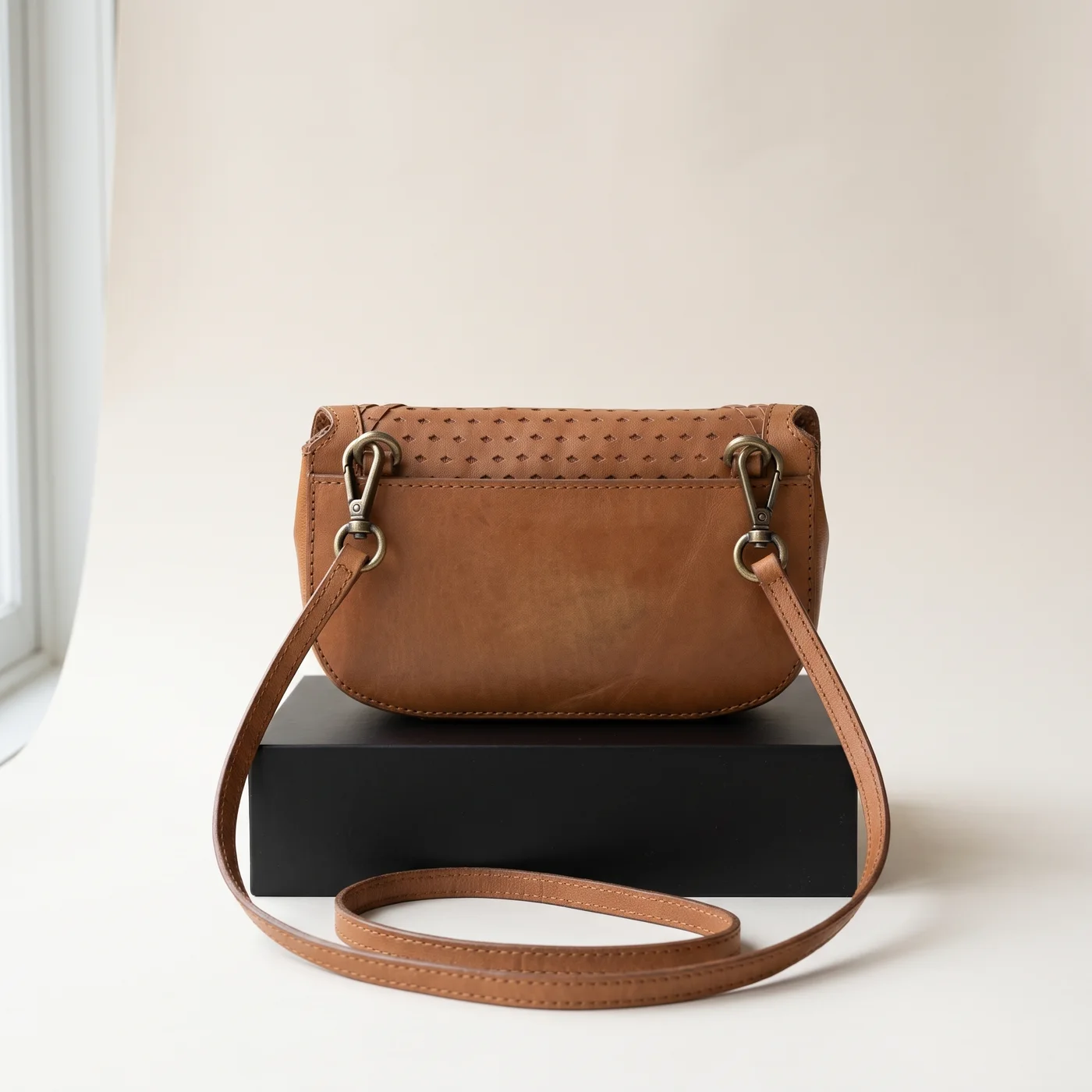Tan Woven Leather Saddle Crossbody, view