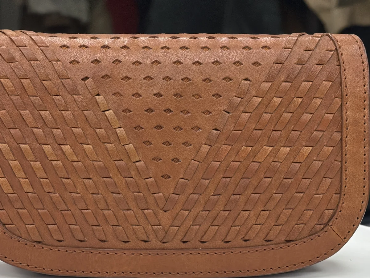 Tan Woven Leather Saddle Crossbody, view 2
