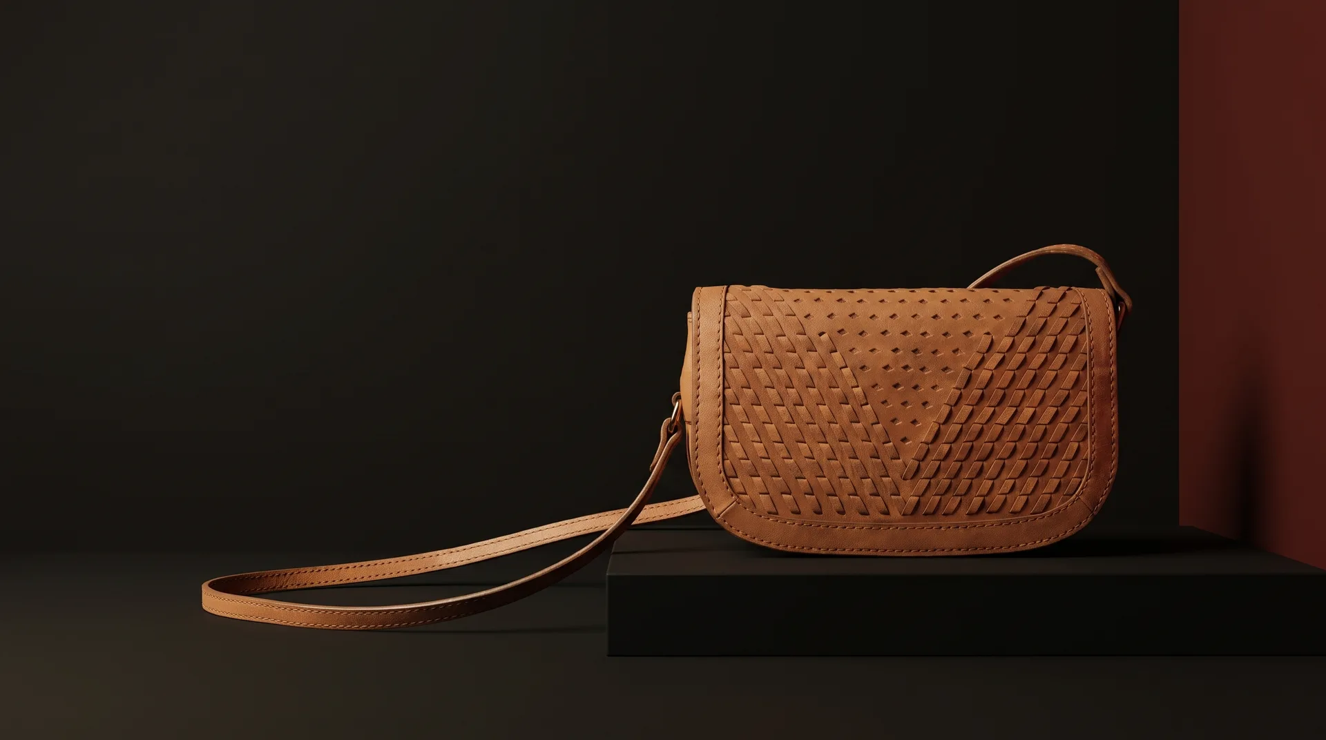 Tan Woven Leather Saddle Crossbody, view 1