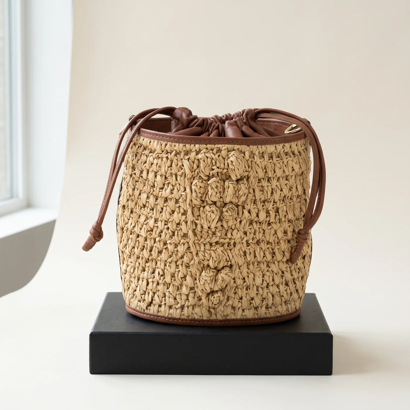 Natural Raffia Drawstring Bucket Bag