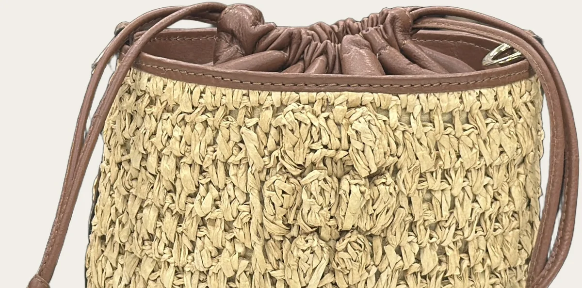 Natural Raffia Drawstring Bucket Bag, view
