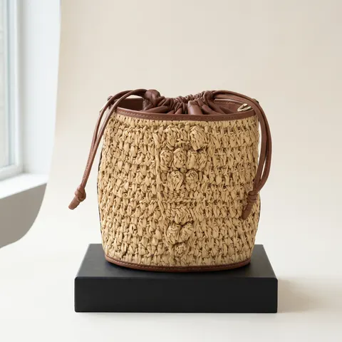 Natural Raffia Drawstring Bucket Bag
