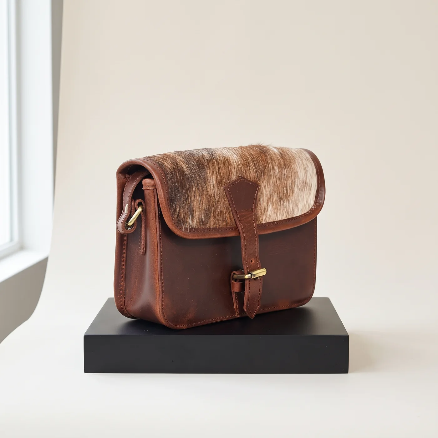 Brown Leather Hair-On-Hide Flap Satchel