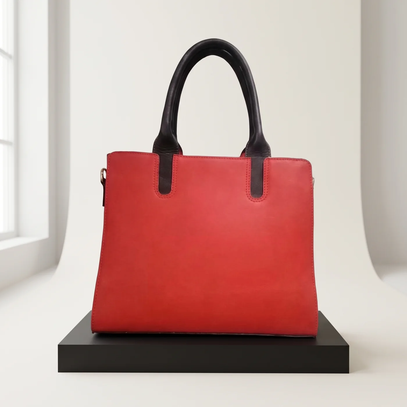 Red Leather Black-Handle Structured Tote