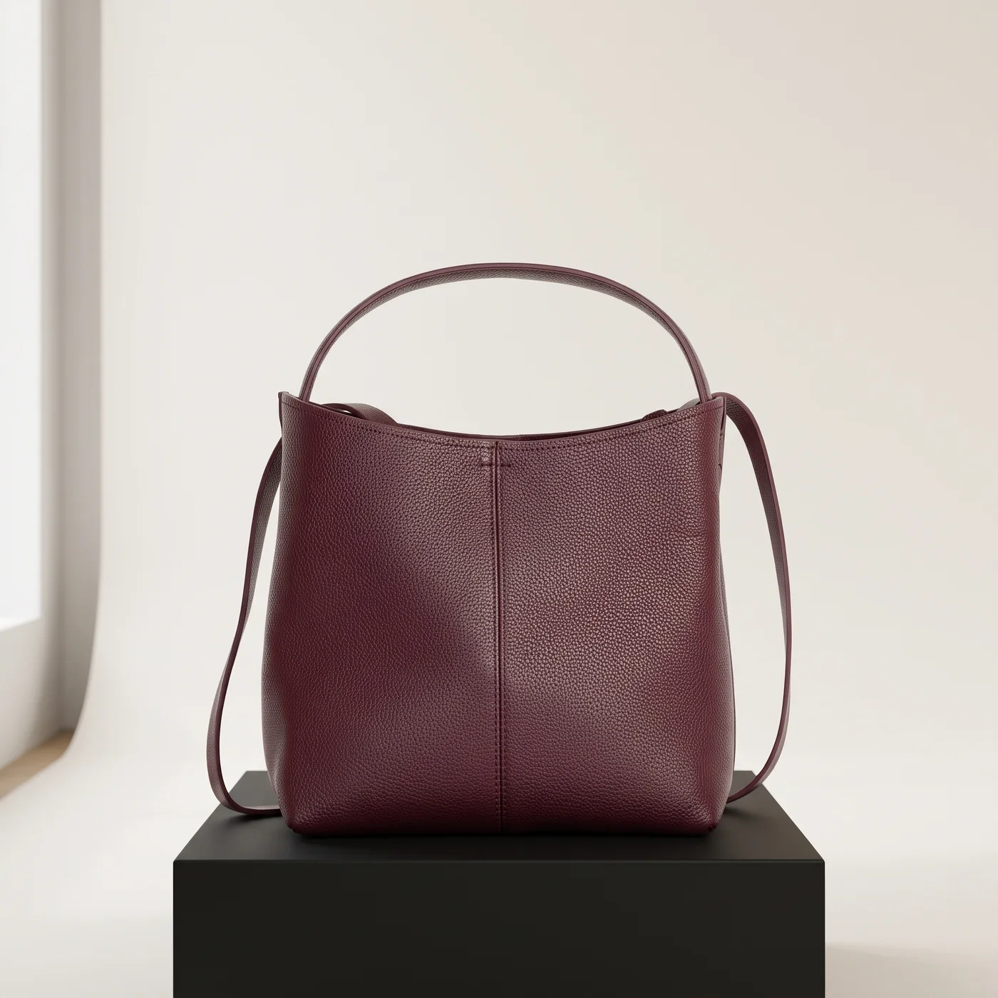 Dark red Small leather bucket bag