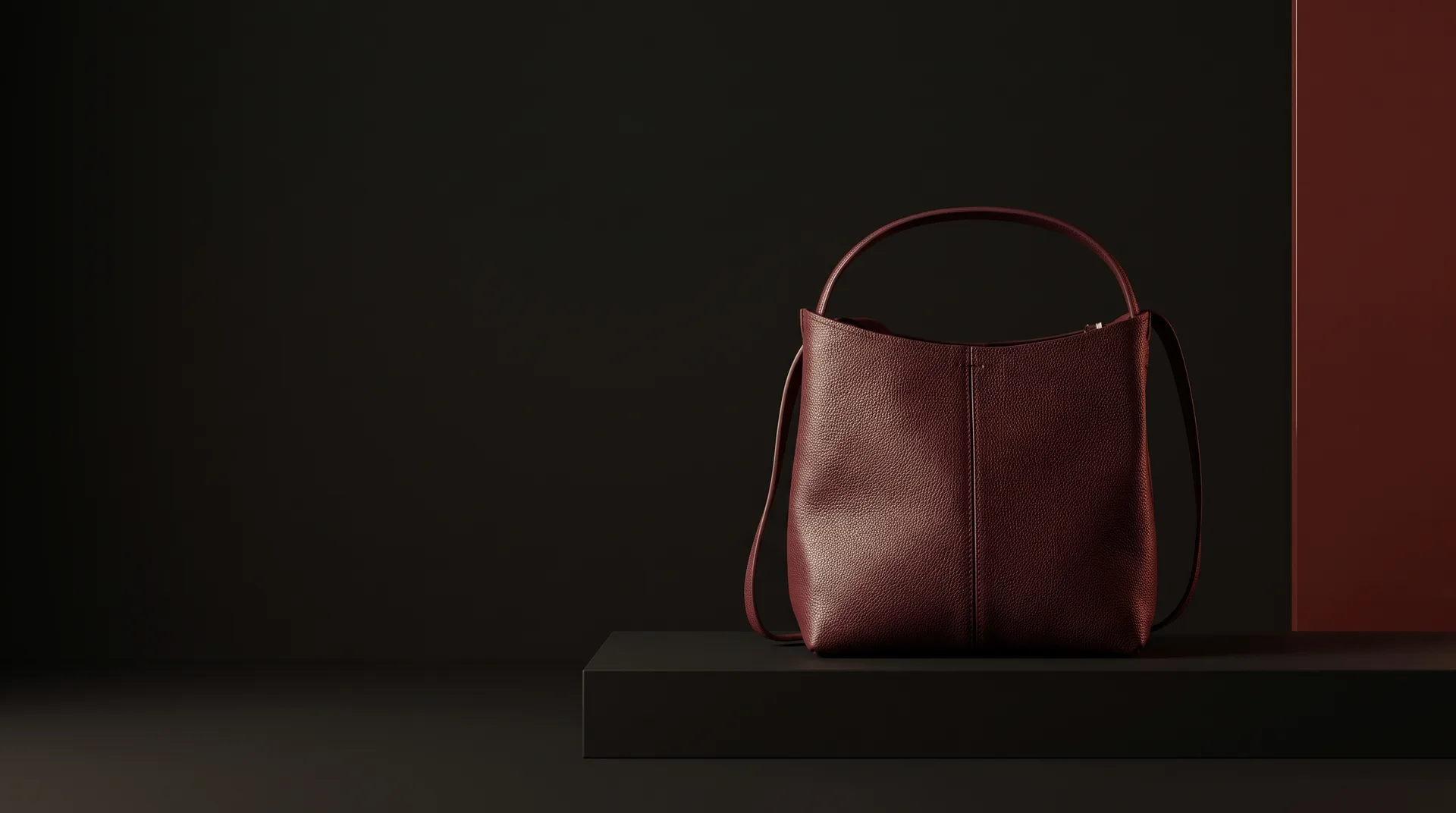 Dark red Small leather bucket bag, view 1