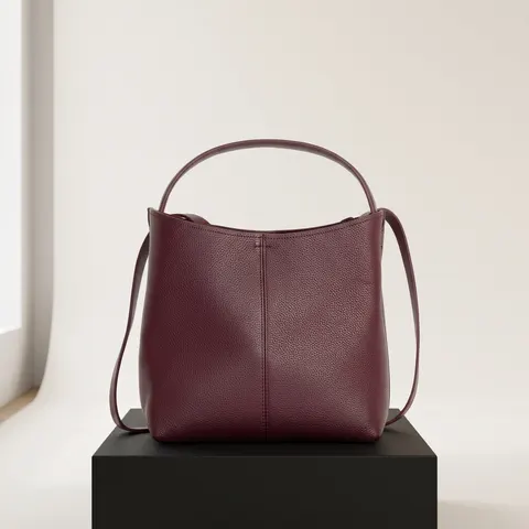 Dark red Small leather bucket bag