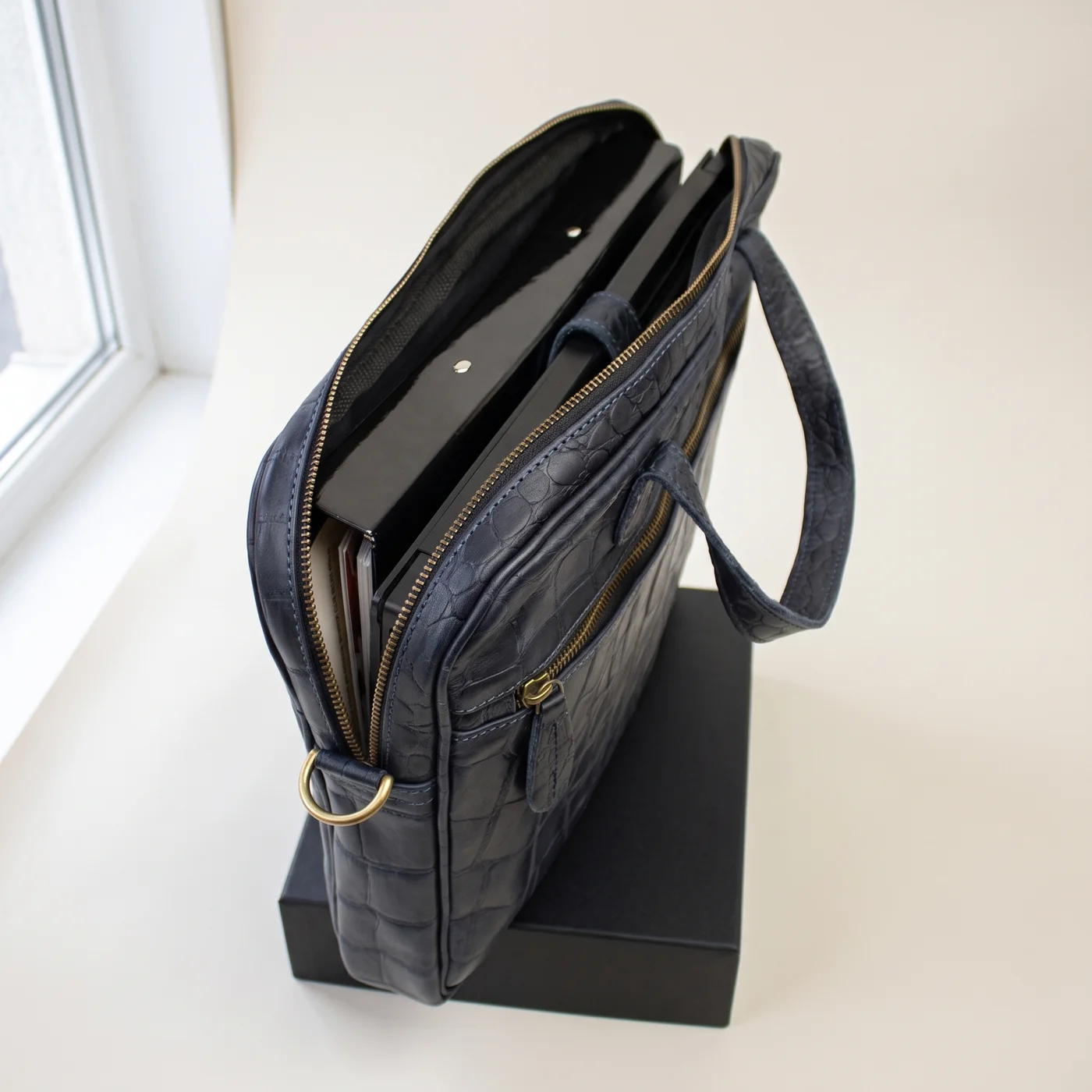 Black Compact laptop satchel, croc, view