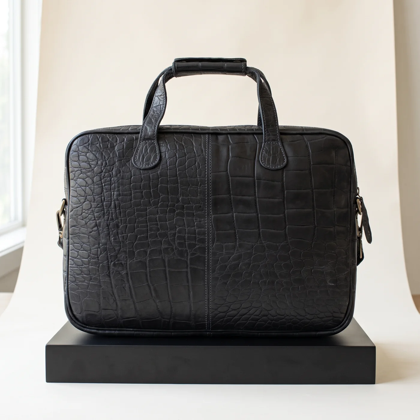Black Compact laptop satchel, croc, view