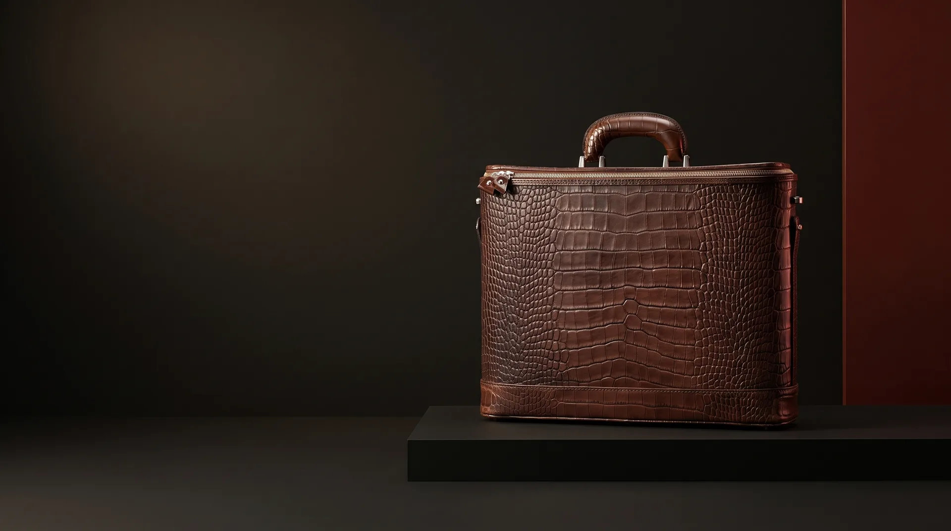 Dark brown Bucklesbury 17" croc-embossed attache, view 1