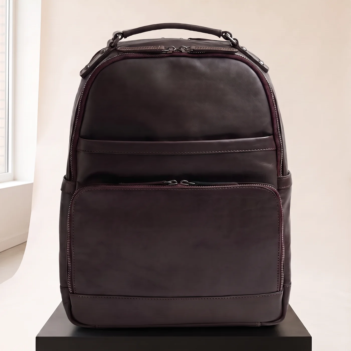 Brown Austin leather laptop backpack, view